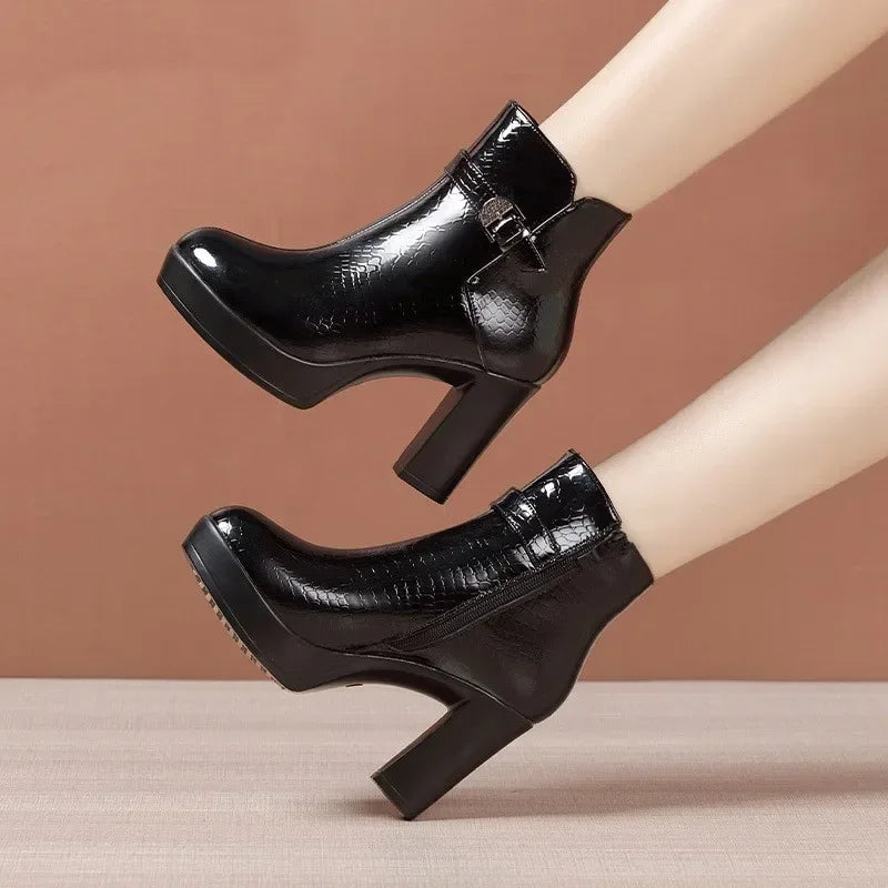 Women's 9cm Block Heel Leather Ankle Boots